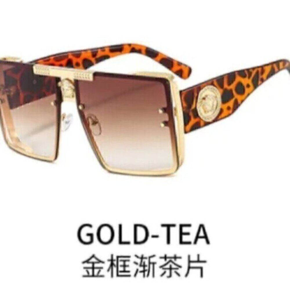 Sunglasses Luxury Retro Large Square  Brown Leopard Gold Frame - Picture 2 of 9